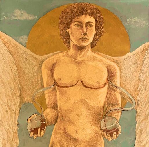 "Nude Self Portrait Post-Op (With Biblical Imagery)", 18x24 Graphite, Acrylic, Metallic Pen, Digital Editing on Paper